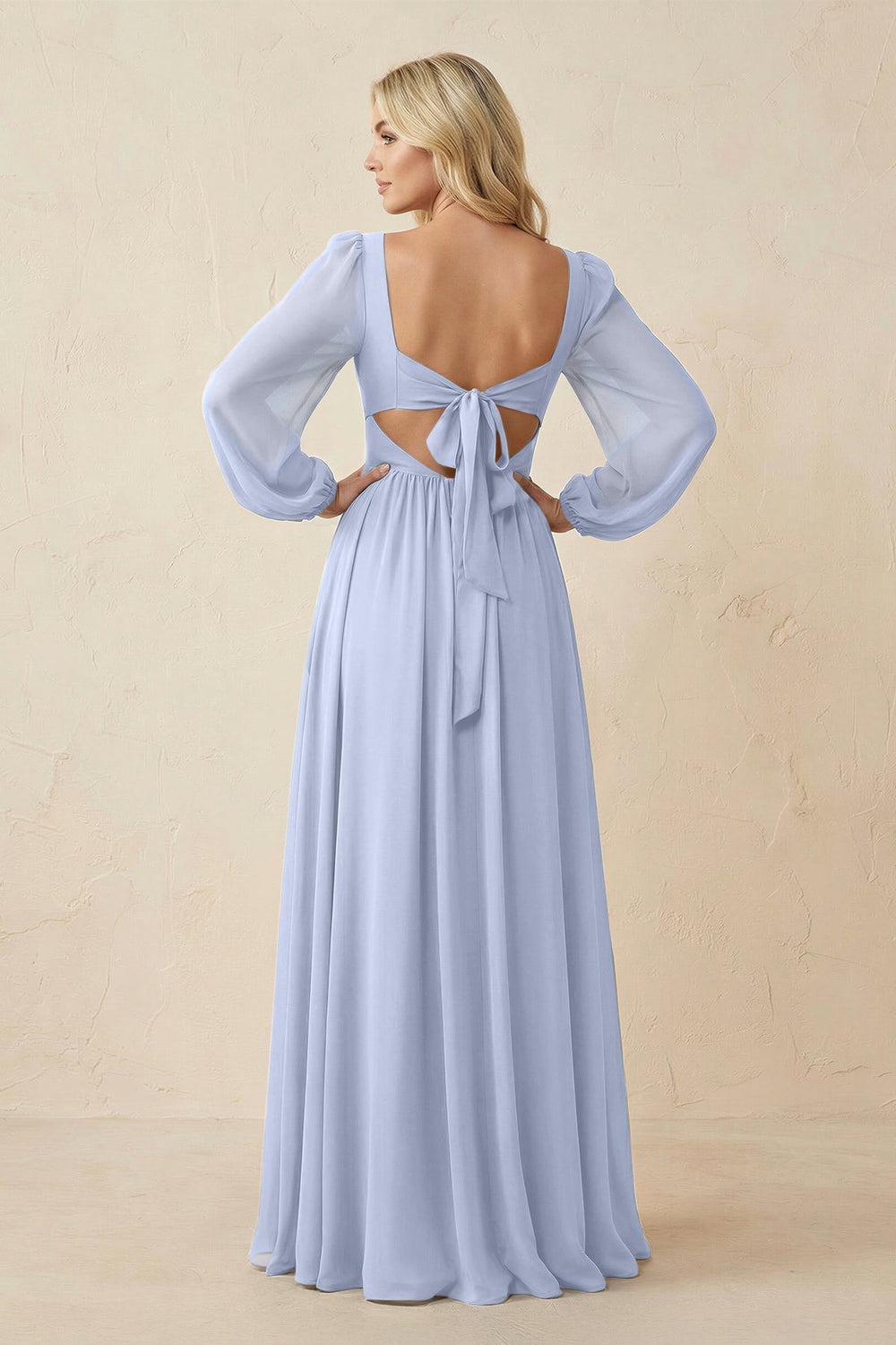 Long Sleeve V - Neck A - Line Chiffon Bridesmaid Dress in Ice - KISS BRIDAL Bridesmaid Dresses