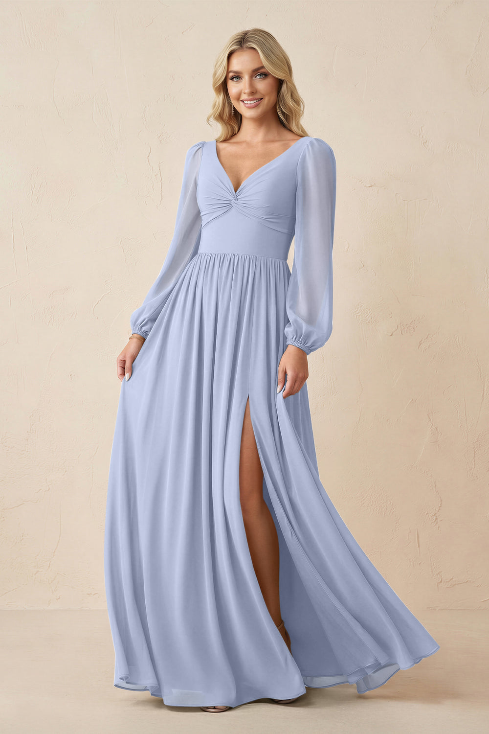 Long Sleeve V-Neck A-Line Chiffon Bridesmaid Dress in Ice