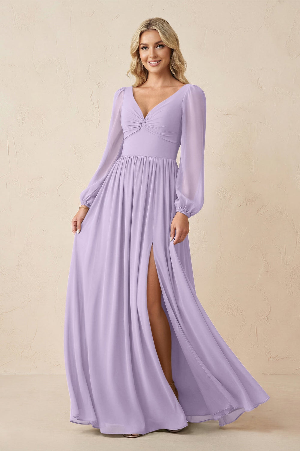 Long Sleeve V - Neck A - Line Chiffon Bridesmaid Dress in Lavender - KISS BRIDAL Bridesmaid Dresses