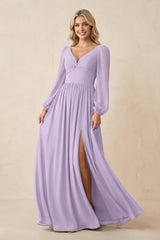 Long Sleeve V - Neck A - Line Chiffon Bridesmaid Dress in Lavender - KISS BRIDAL Bridesmaid Dresses