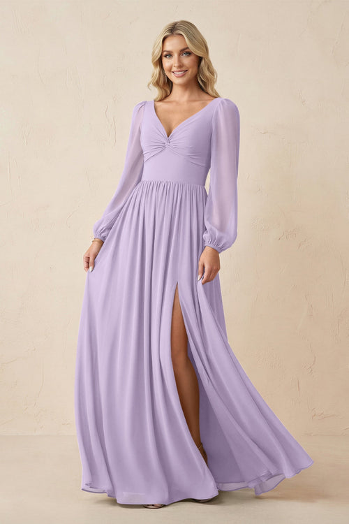 Long Sleeve V - Neck A - Line Chiffon Bridesmaid Dress in Lavender - SHE IS ME Bridesmaid Dresses