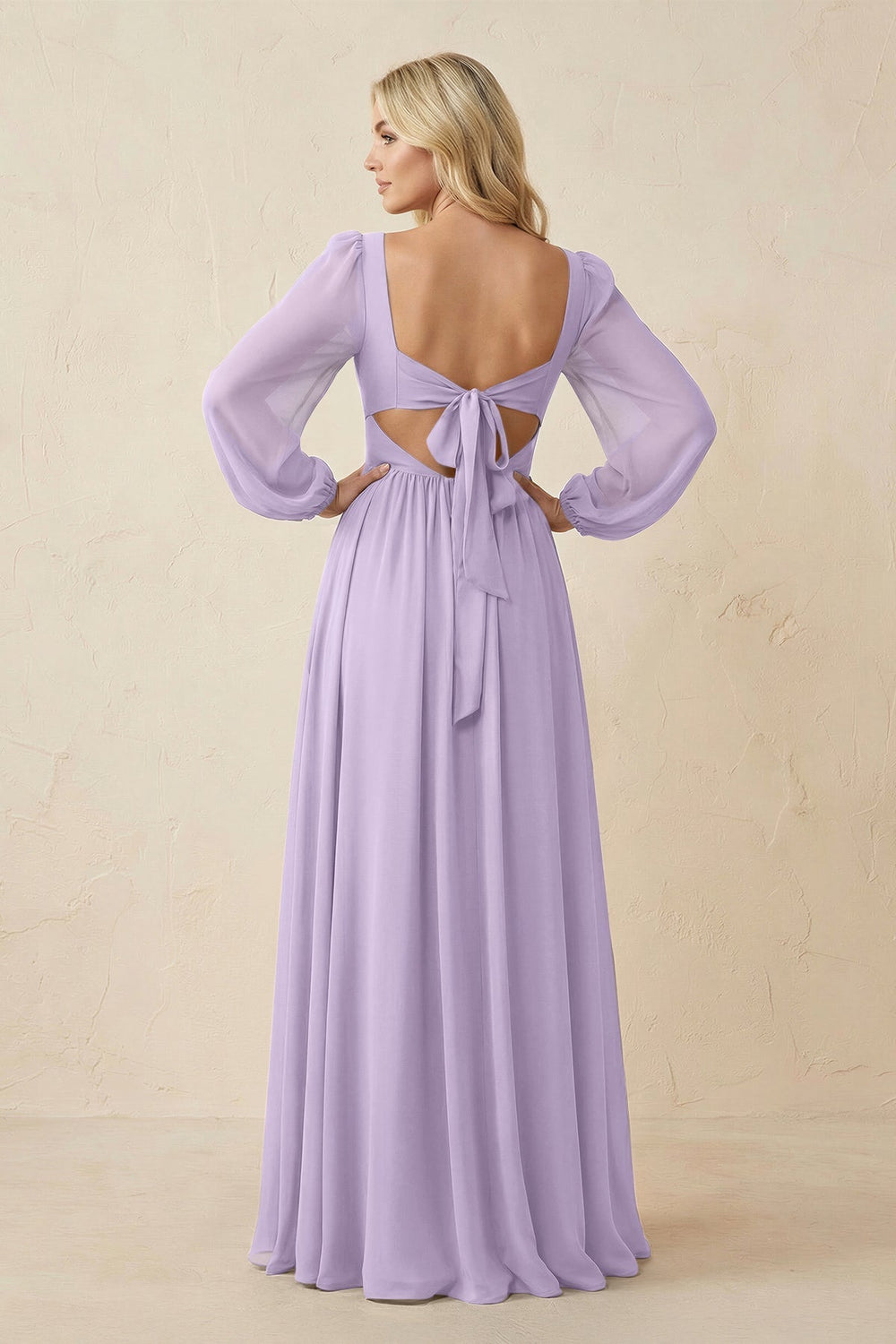 Long Sleeve V - Neck A - Line Chiffon Bridesmaid Dress in Lavender - KISS BRIDAL Bridesmaid Dresses