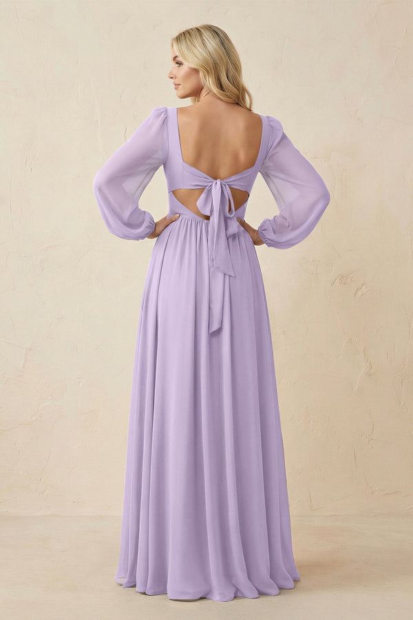 Long Sleeve V - Neck A - Line Chiffon Bridesmaid Dress in Lavender - SHE IS ME Bridesmaid Dresses