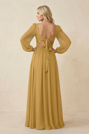 Long Sleeve V-Neck A-Line Chiffon Bridesmaid Dress in Marigold (2) | KISSBRIDAL