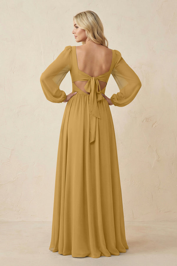 Long Sleeve V-Neck A-Line Chiffon Bridesmaid Dress in Marigold (2) | KISSBRIDAL
