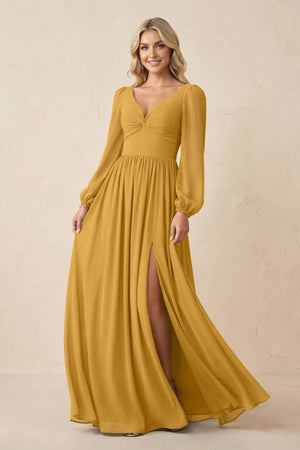Long Sleeve V - Neck A - Line Chiffon Bridesmaid Dress in Marigold - SHE IS ME Bridesmaid Dresses