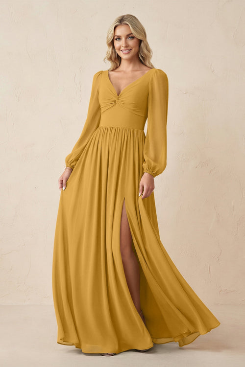 Long Sleeve V - Neck A - Line Chiffon Bridesmaid Dress in Marigold - SHE IS ME Bridesmaid Dresses