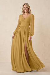 Long Sleeve V-Neck A-Line Chiffon Bridesmaid Dress in Marigold | KISSBRIDAL