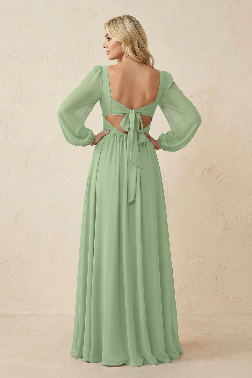 Long Sleeve V-Neck A-Line Chiffon Bridesmaid Dress in Matcha