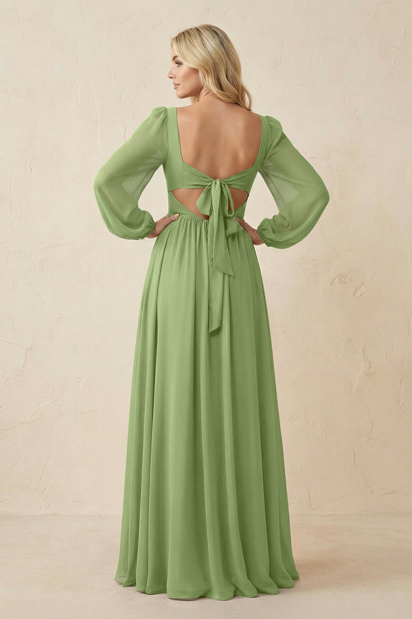 Long Sleeve V - Neck A - Line Chiffon Bridesmaid Dress in Matcha - SHE IS ME Bridesmaid Dresses