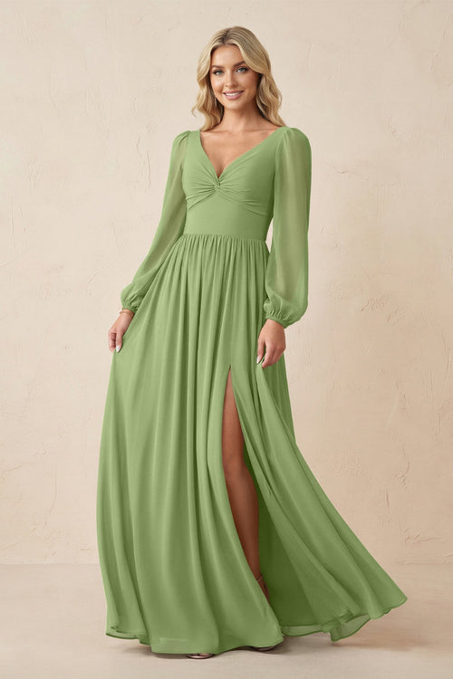 Long Sleeve V - Neck A - Line Chiffon Bridesmaid Dress in Matcha - SHE IS ME Bridesmaid Dresses