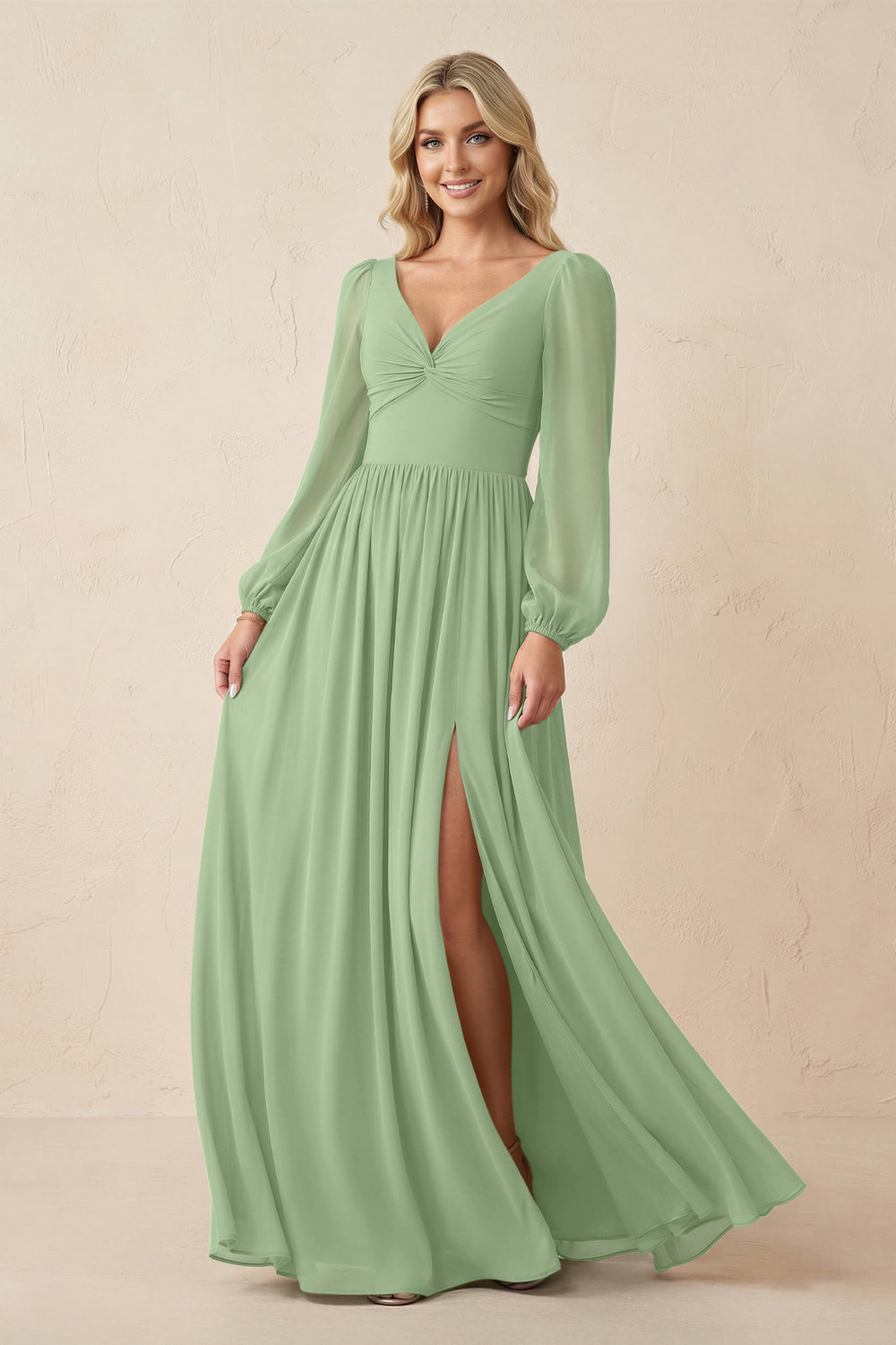 Long Sleeve V-Neck A-Line Chiffon Bridesmaid Dress in Matcha