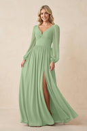 Long Sleeve V-Neck A-Line Chiffon Bridesmaid Dress in Matcha | KISSBRIDAL