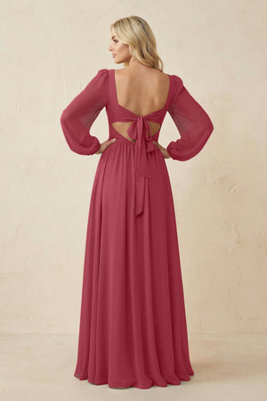 Long Sleeve V-Neck A-Line Chiffon Bridesmaid Dress in Merlot (2) | KISSBRIDAL