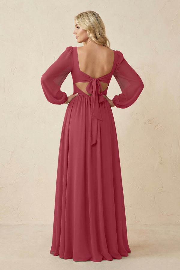 Long Sleeve V-Neck A-Line Chiffon Bridesmaid Dress in Merlot (2) | KISSBRIDAL