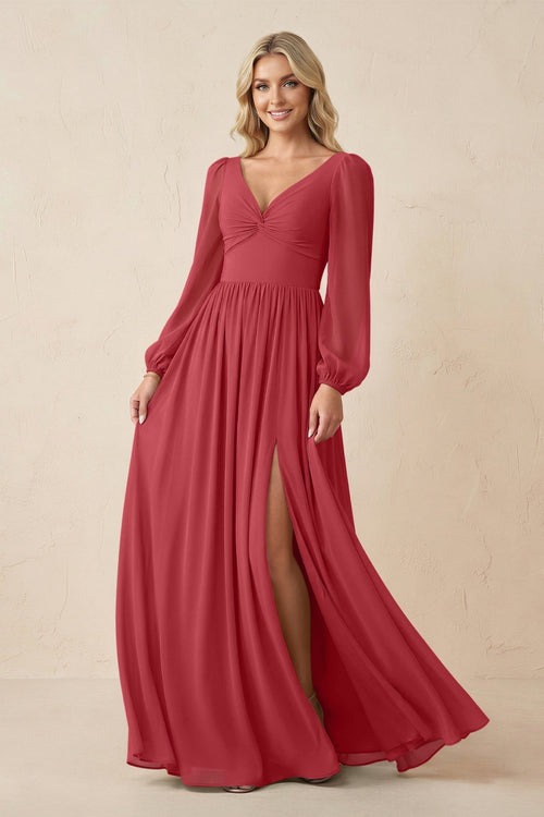 Long Sleeve V - Neck A - Line Chiffon Bridesmaid Dress in Merlot - SHE IS ME Bridesmaid Dresses