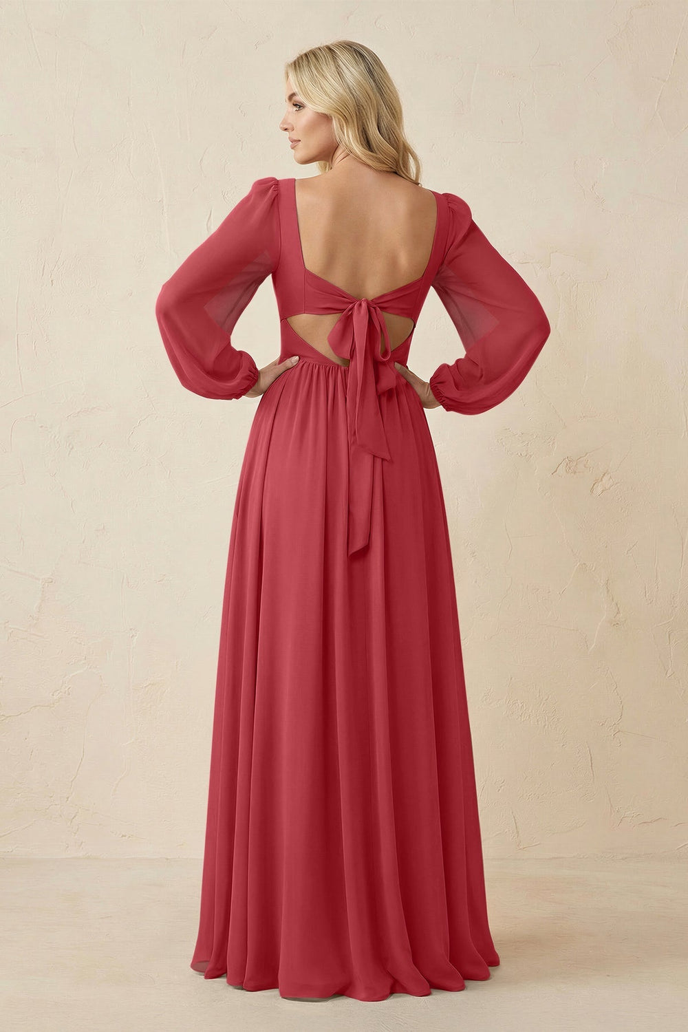 Long Sleeve V - Neck A - Line Chiffon Bridesmaid Dress in Merlot - KISS BRIDAL Bridesmaid Dresses