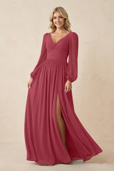 Long Sleeve V-Neck A-Line Chiffon Bridesmaid Dress in Merlot | KISSBRIDAL