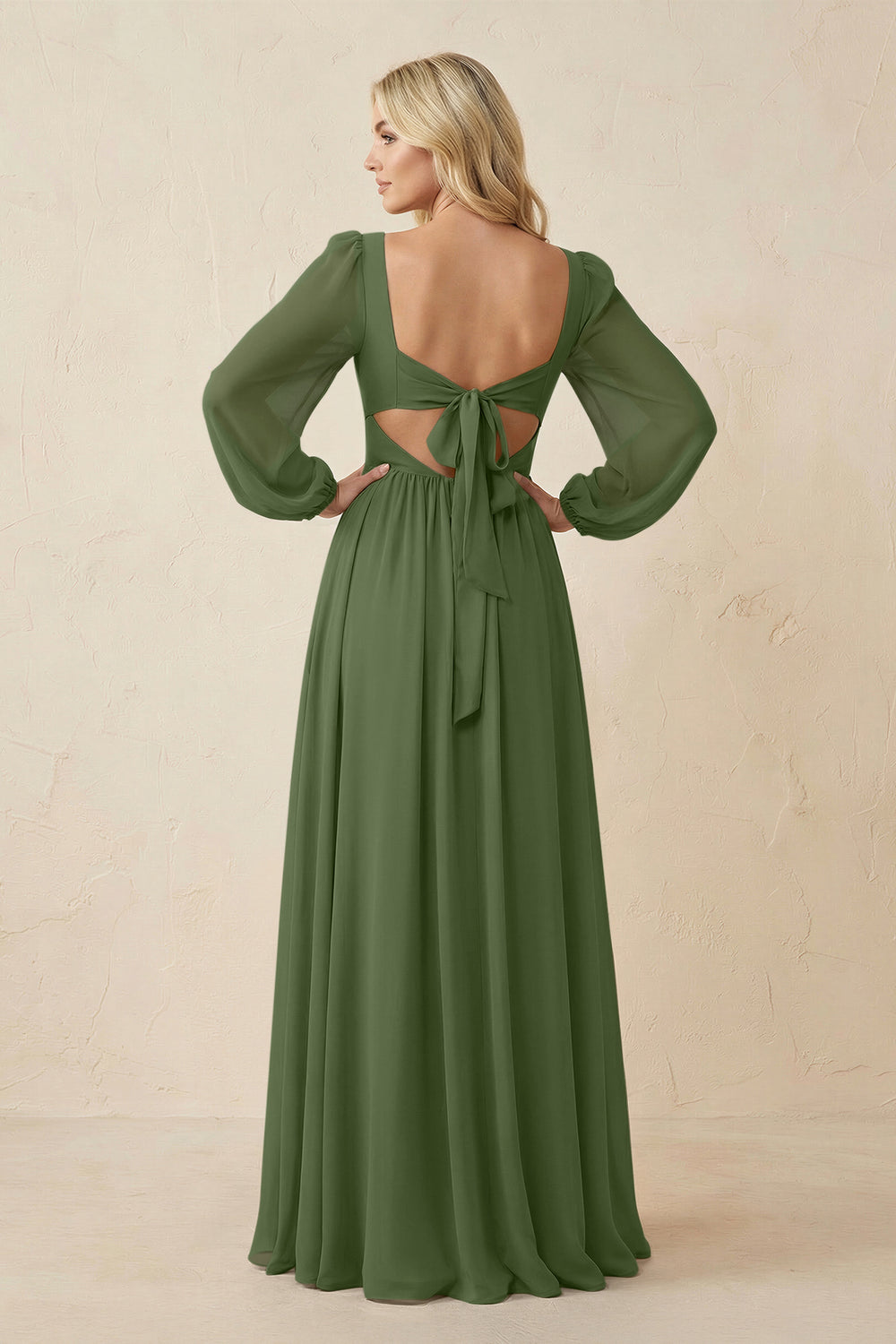 Long Sleeve V-Neck A-Line Chiffon Bridesmaid Dress in Moss
