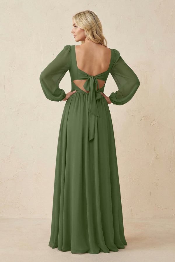Long Sleeve V-Neck A-Line Chiffon Bridesmaid Dress in Moss (2) | KISSBRIDAL
