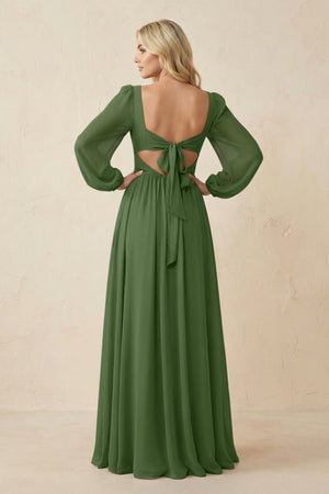 Long Sleeve V - Neck A - Line Chiffon Bridesmaid Dress in Moss - SHE IS ME Bridesmaid Dresses