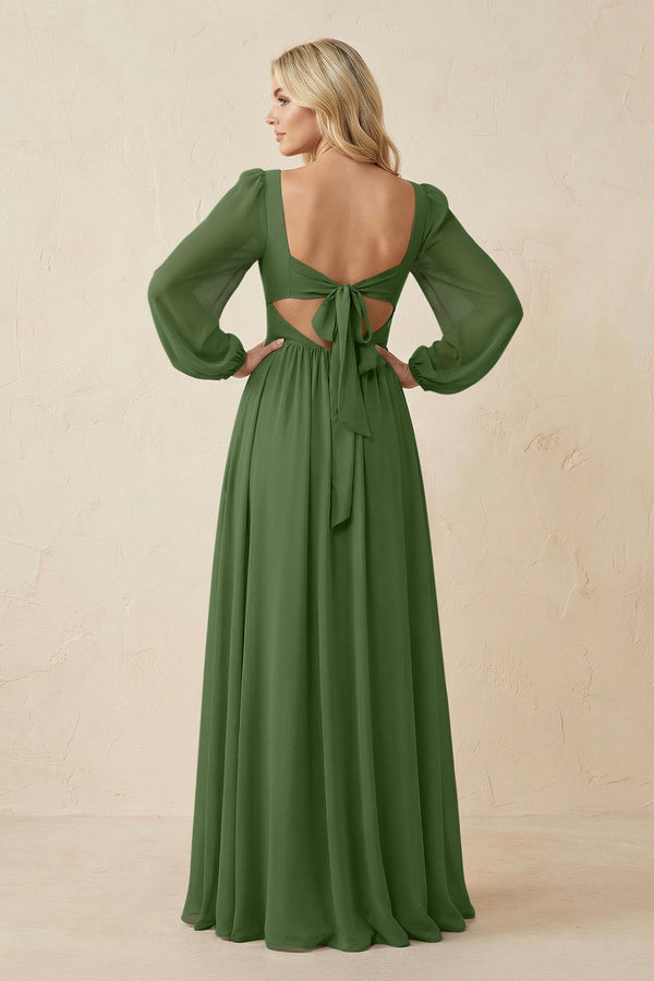 Long Sleeve V - Neck A - Line Chiffon Bridesmaid Dress in Moss - SHE IS ME Bridesmaid Dresses