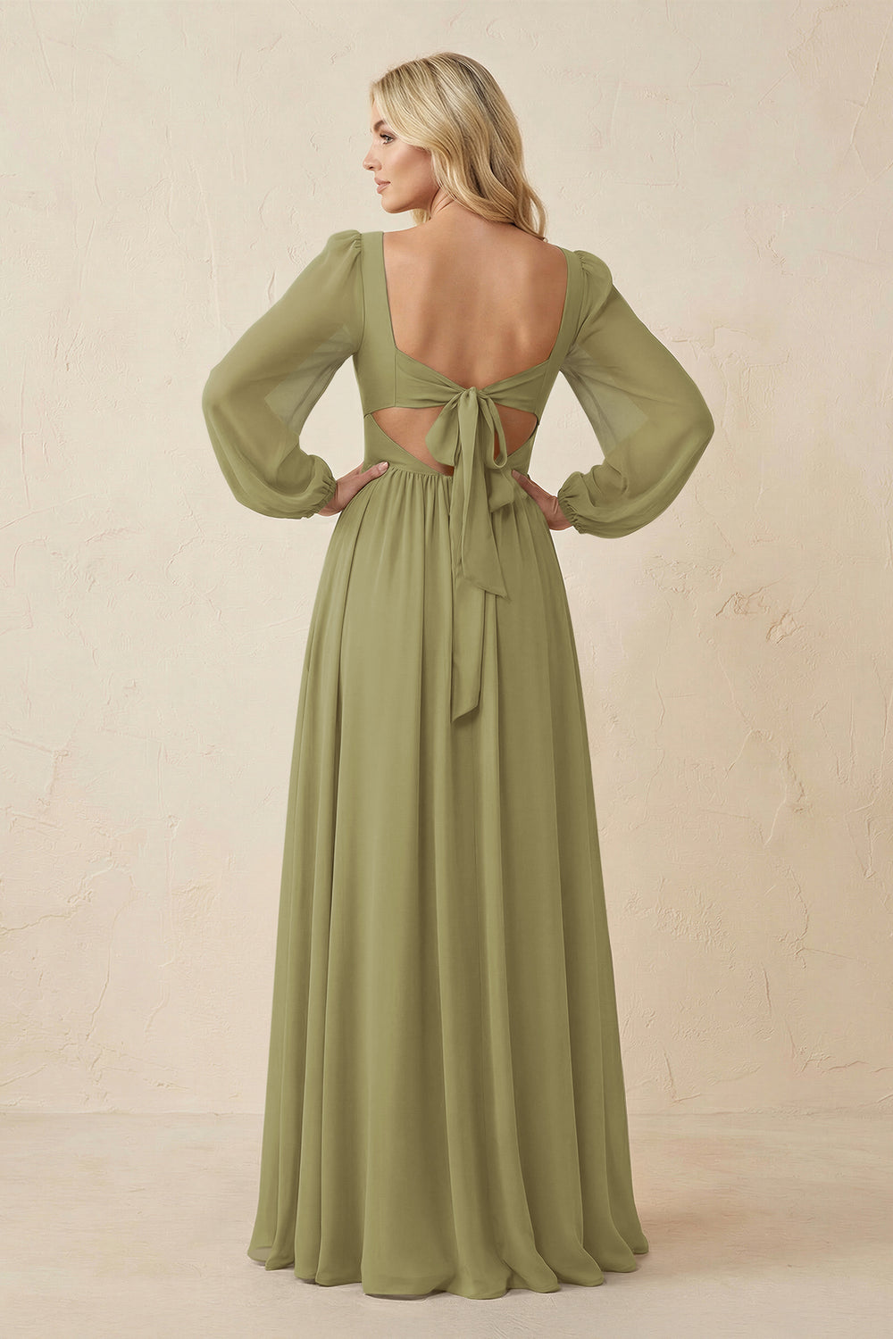 Long Sleeve V-Neck A-Line Chiffon Bridesmaid Dress in Moss Green
