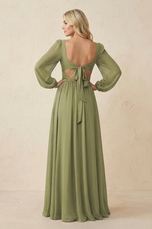Long Sleeve V - Neck A - Line Chiffon Bridesmaid Dress in Moss Green - SHE IS ME Bridesmaid Dresses