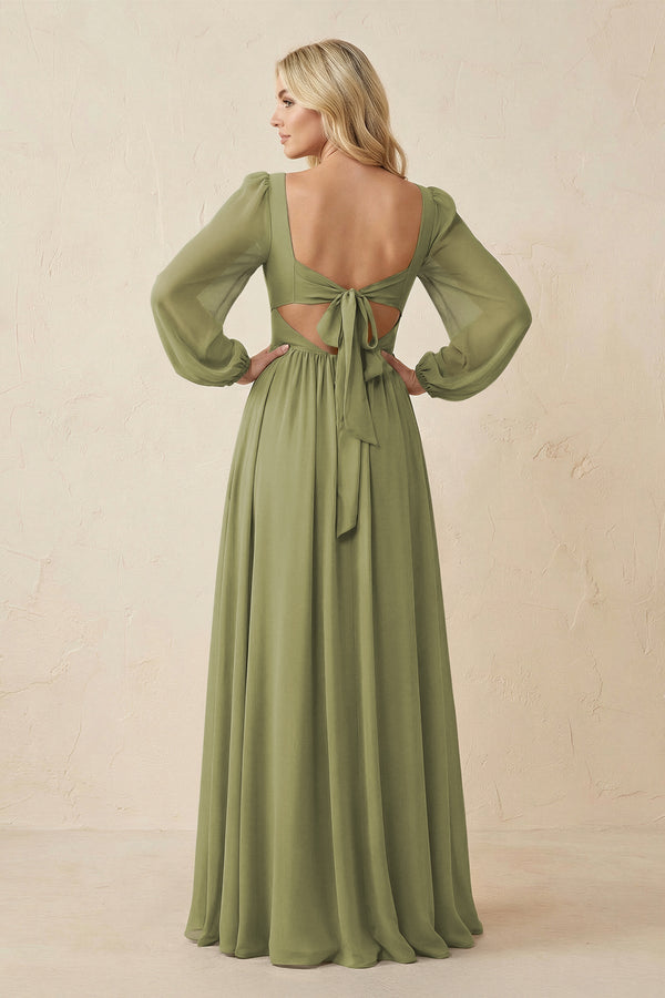 Long Sleeve V - Neck A - Line Chiffon Bridesmaid Dress in Moss Green - SHE IS ME Bridesmaid Dresses