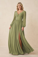 Long Sleeve V - Neck A - Line Chiffon Bridesmaid Dress in Moss Green - SHE IS ME Bridesmaid Dresses