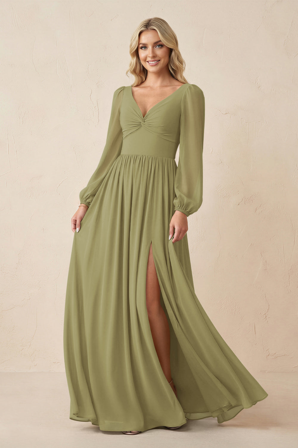 Long Sleeve V-Neck A-Line Chiffon Bridesmaid Dress in Moss Green