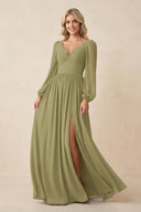 Long Sleeve V-Neck A-Line Chiffon Bridesmaid Dress in Moss Green | KISSBRIDAL