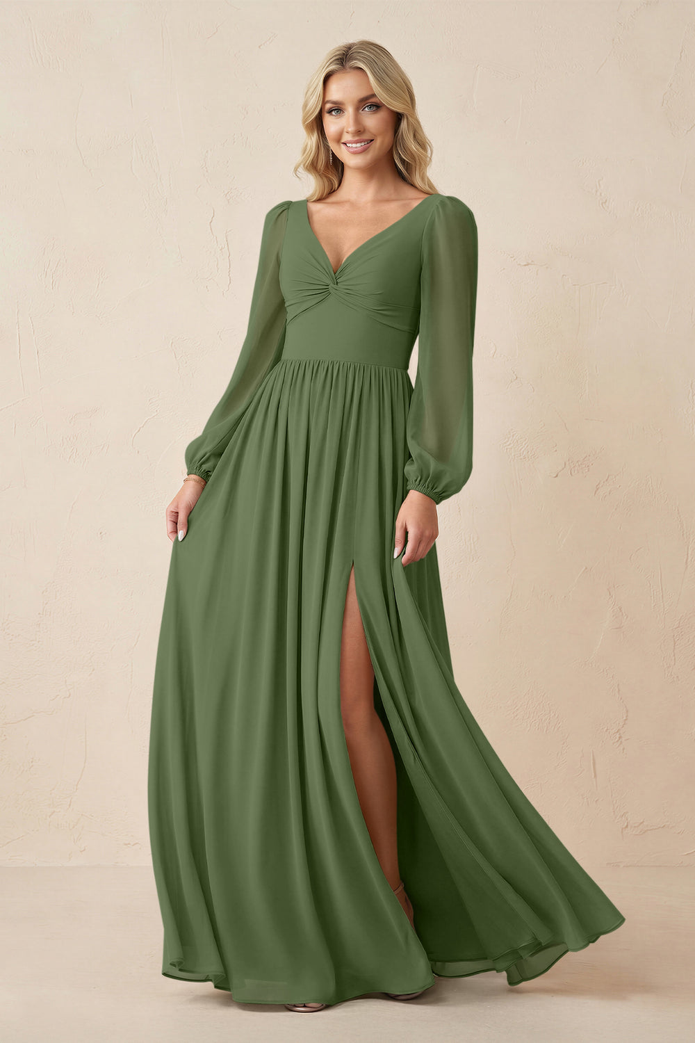 Long Sleeve V-Neck A-Line Chiffon Bridesmaid Dress in Moss