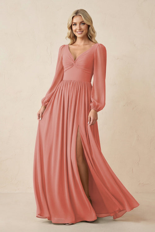 Long Sleeve V - Neck A - Line Chiffon Bridesmaid Dress in Mulberry - SHE IS ME Bridesmaid Dresses