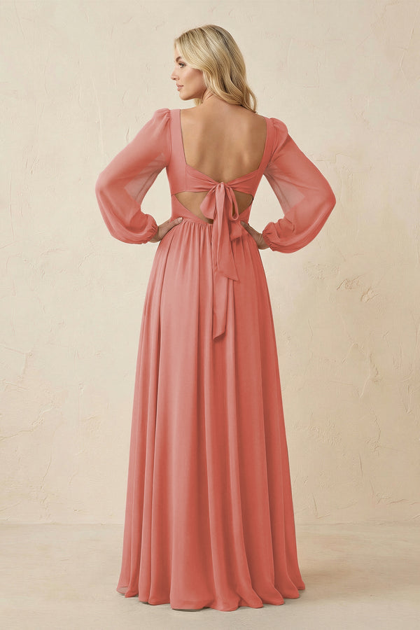 Long Sleeve V - Neck A - Line Chiffon Bridesmaid Dress in Mulberry - SHE IS ME Bridesmaid Dresses