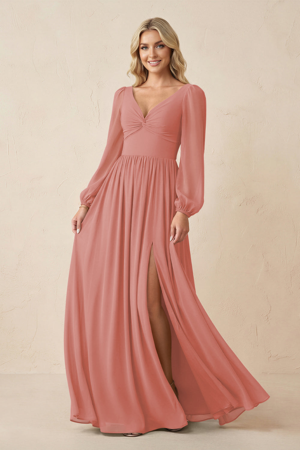 Long Sleeve V-Neck A-Line Chiffon Bridesmaid Dress in Mulberry