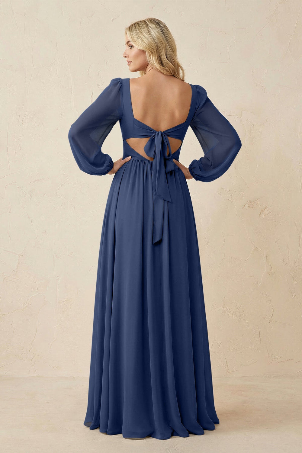 Long Sleeve V - Neck A - Line Chiffon Bridesmaid Dress in Navy - KISS BRIDAL Bridesmaid Dresses