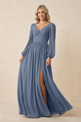 Long Sleeve V - Neck A - Line Chiffon Bridesmaid Dress in Neptune - KISS BRIDAL Bridesmaid Dresses