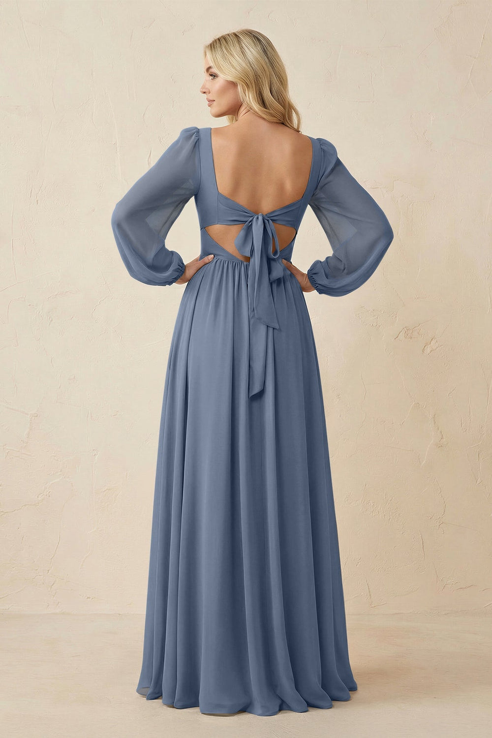 Long Sleeve V - Neck A - Line Chiffon Bridesmaid Dress in Neptune - KISS BRIDAL Bridesmaid Dresses