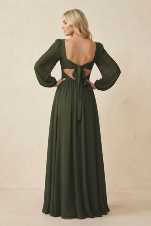 Long Sleeve V-Neck A-Line Chiffon Bridesmaid Dress in Olive (2) | KISSBRIDAL