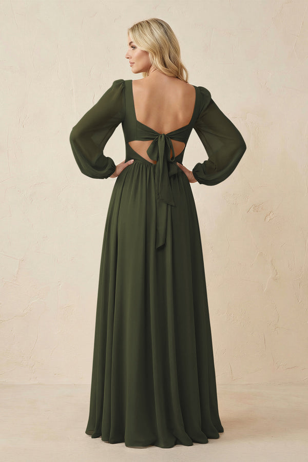 Long Sleeve V-Neck A-Line Chiffon Bridesmaid Dress in Olive (2) | KISSBRIDAL