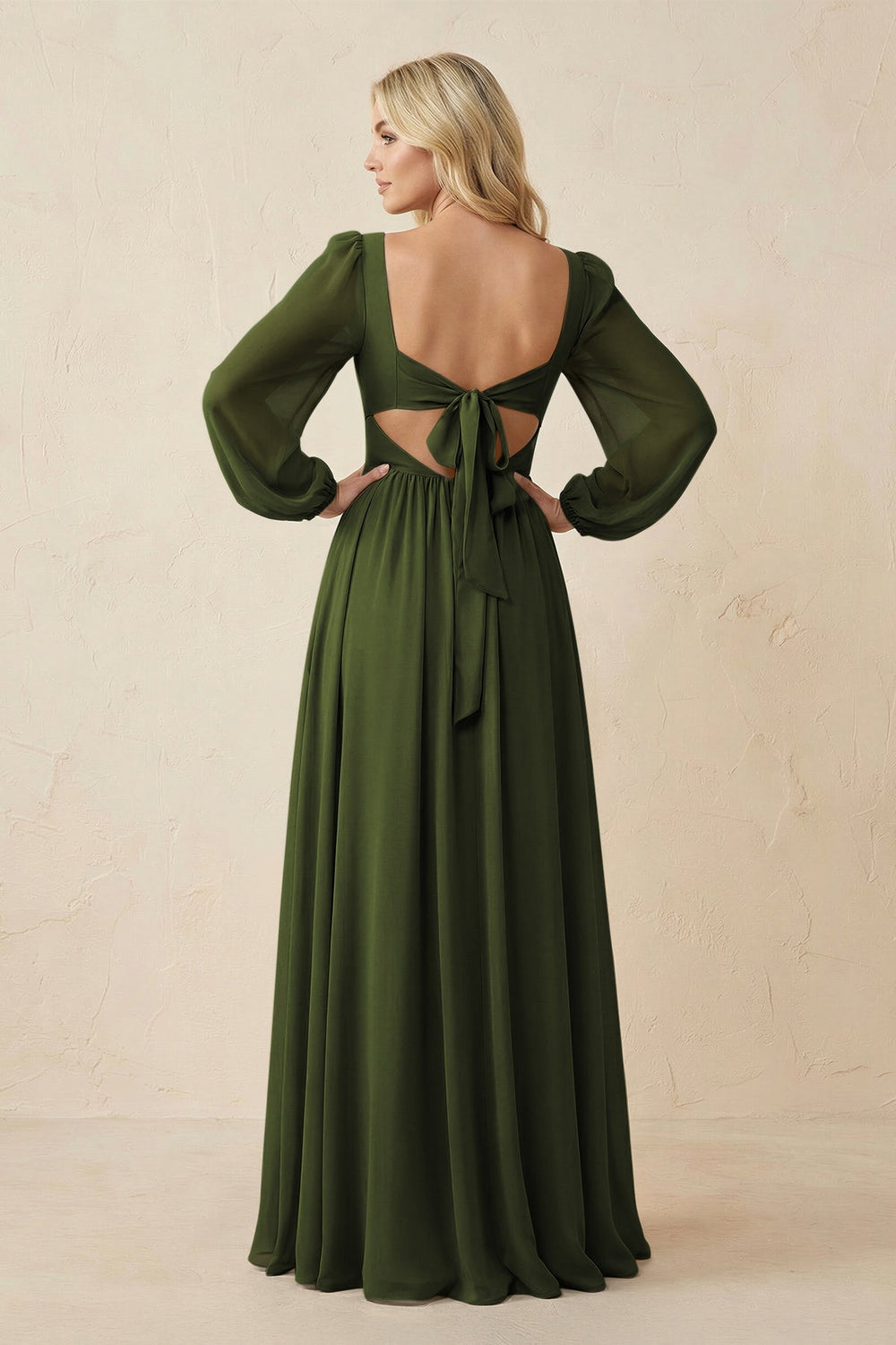 Long Sleeve V - Neck A - Line Chiffon Bridesmaid Dress in Olive - KISS BRIDAL Bridesmaid Dresses