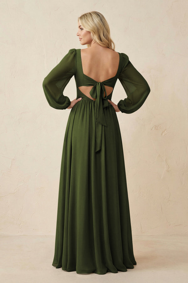 Long Sleeve V - Neck A - Line Chiffon Bridesmaid Dress in Olive - SHE IS ME Bridesmaid Dresses