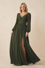 Long Sleeve V-Neck A-Line Chiffon Bridesmaid Dress in Olive | KISSBRIDAL
