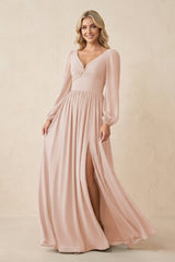Long Sleeve V - Neck A - Line Chiffon Bridesmaid Dress in Pale Blush - KISS BRIDAL Bridesmaid Dresses