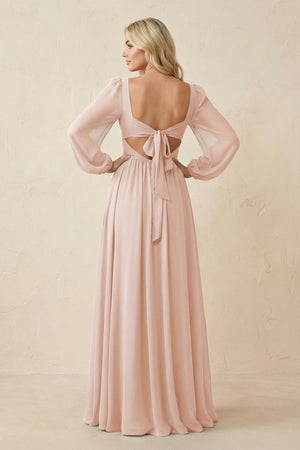 Long Sleeve V - Neck A - Line Chiffon Bridesmaid Dress in Pale Blush - SHE IS ME Bridesmaid Dresses
