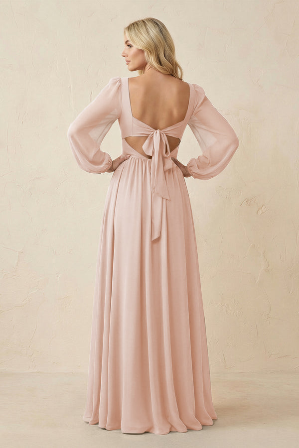 Long Sleeve V - Neck A - Line Chiffon Bridesmaid Dress in Pale Blush - SHE IS ME Bridesmaid Dresses