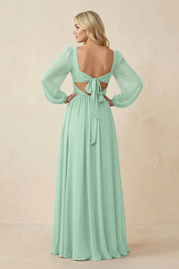 Long Sleeve V-Neck A-Line Chiffon Bridesmaid Dress in Pale Pistachio (2) | KISSBRIDAL