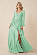 Long Sleeve V - Neck A - Line Chiffon Bridesmaid Dress in Pale Pistachio - SHE IS ME Bridesmaid Dresses