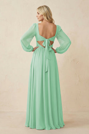 Long Sleeve V - Neck A - Line Chiffon Bridesmaid Dress in Pale Pistachio - SHE IS ME Bridesmaid Dresses